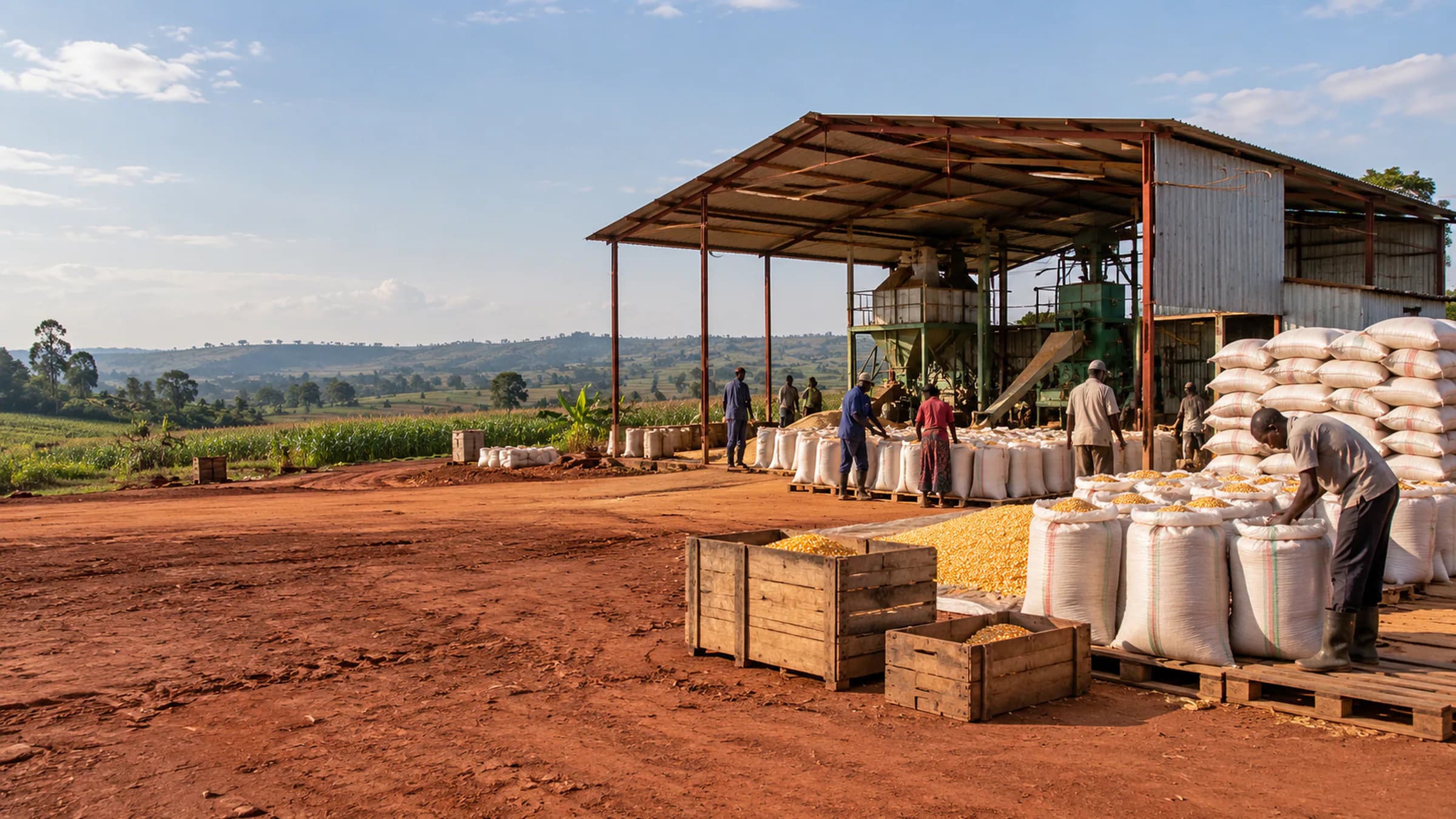 Illustrative Ugandan grain aggregation and processing platform with a modest covered structure, stacked sacks and surrounding agricultural land.