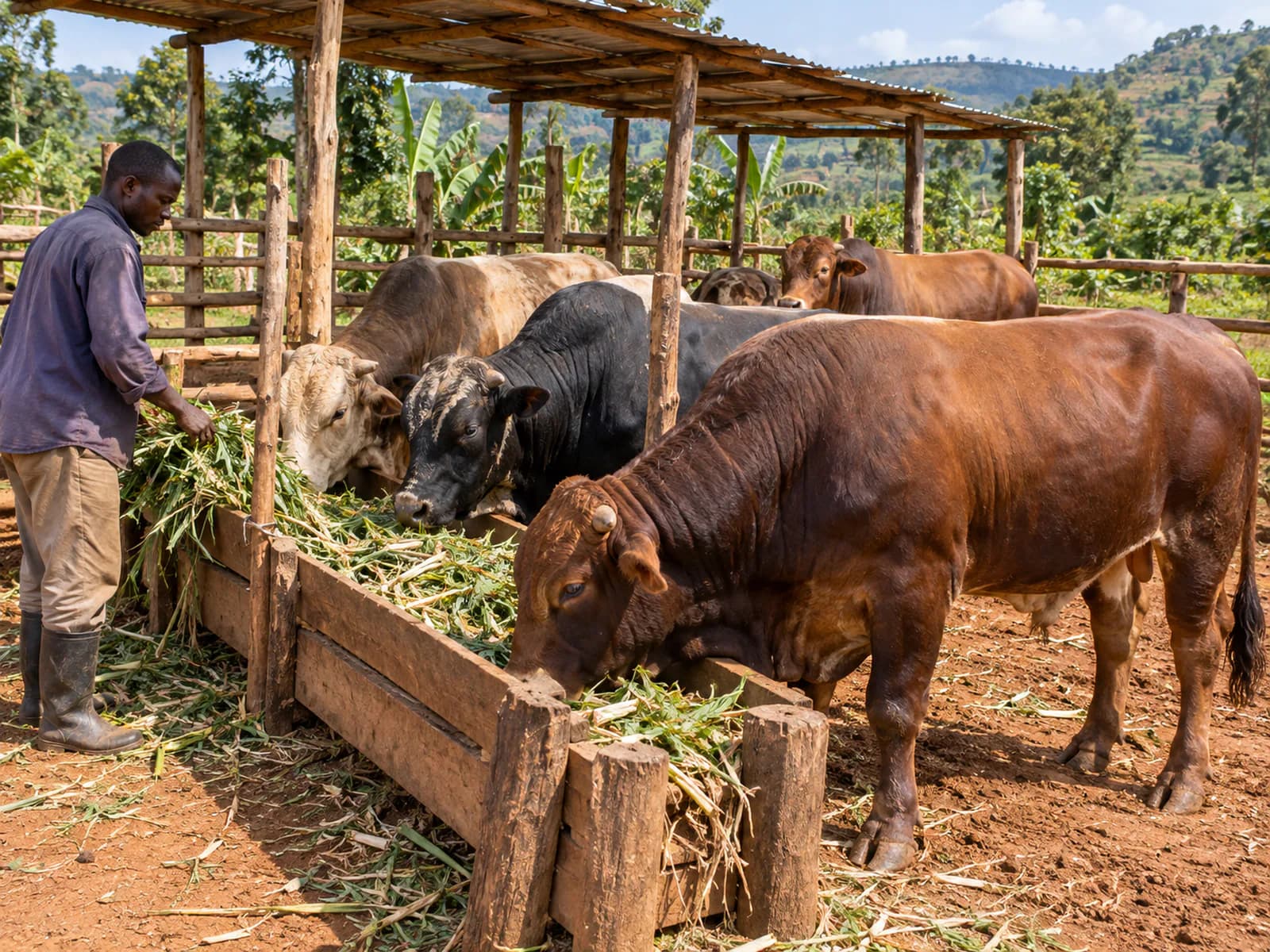 Illustrative small-scale Ugandan bull-fattening setting with healthy beef cattle, shade and practical handling infrastructure.