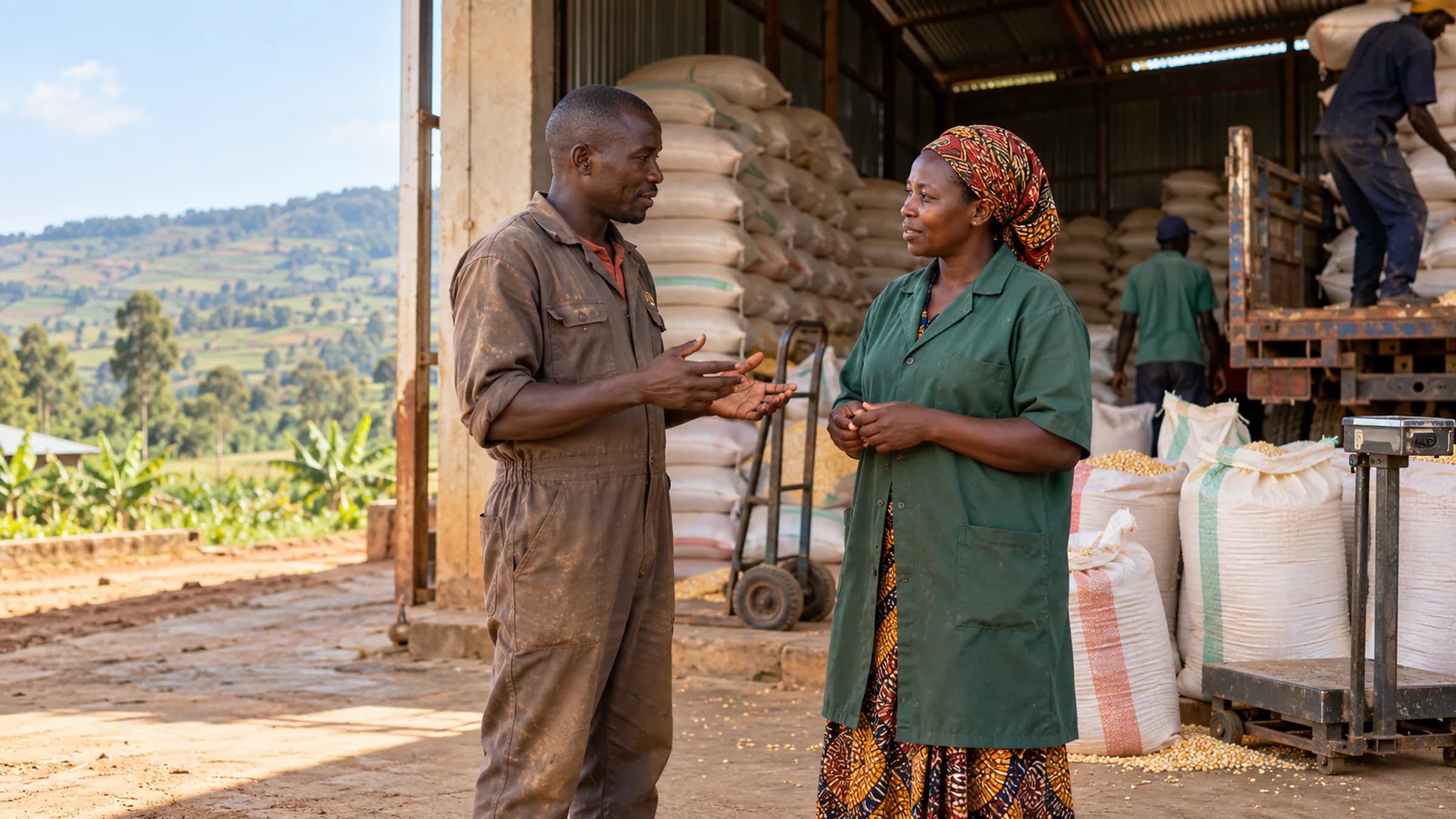Illustrative Ugandan commercial conversation between two people in practical work clothing beside a loading bay and produce sacks.
