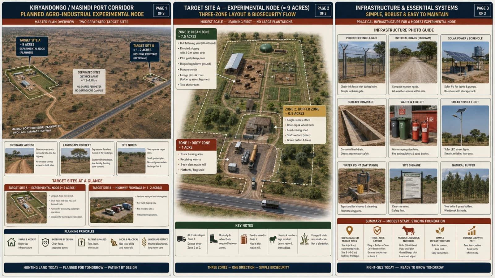 Founder-approved three-panel planning board for the Kiryandongo corridor: two separated target sites, a three-zone layout for the roughly nine-acre core target, and a guide to simple site infrastructure.
