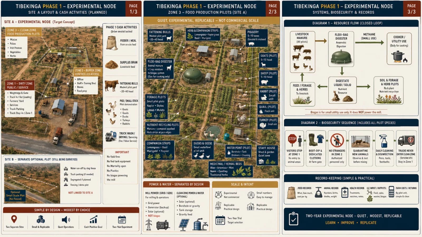Founder-approved three-panel board for target site A: a zoned site layout, a set of small food-production pilot ideas, a closed-loop resource-flow diagram, a biosecurity sequence and a record-keeping summary.