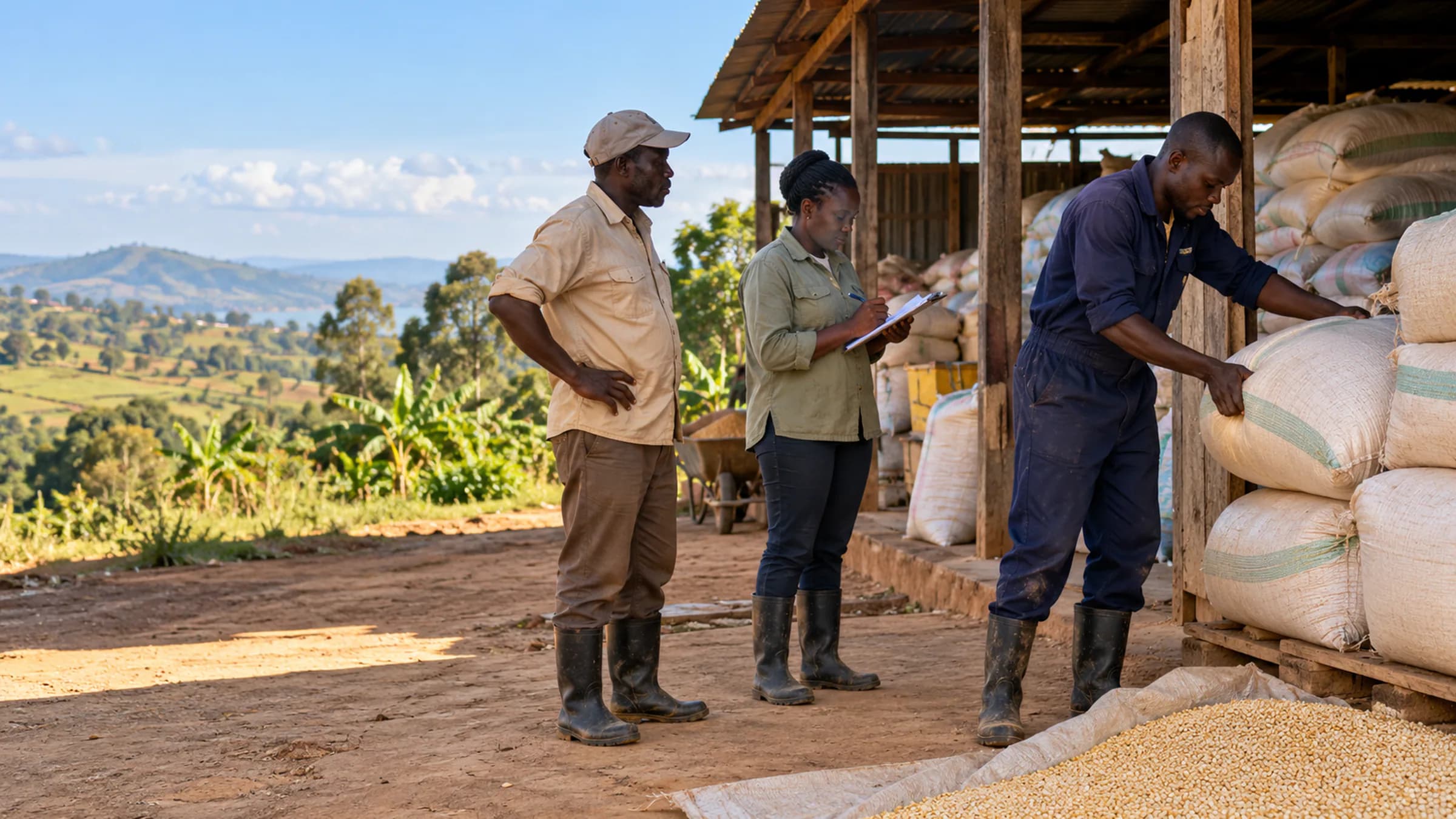 Illustrative Ugandan field and operations team working across a practical yard beside covered storage.