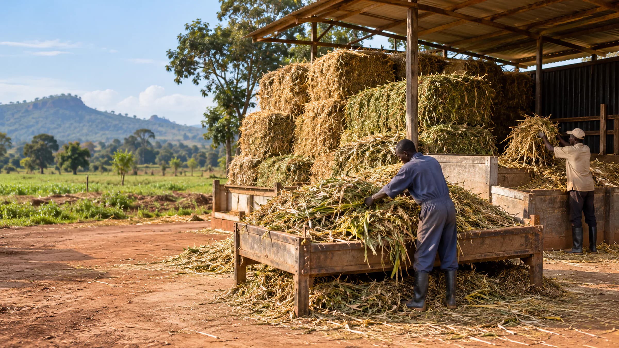 Illustrative forage and small-scale feed handling concept; the image does not identify a site or show an operating facility.