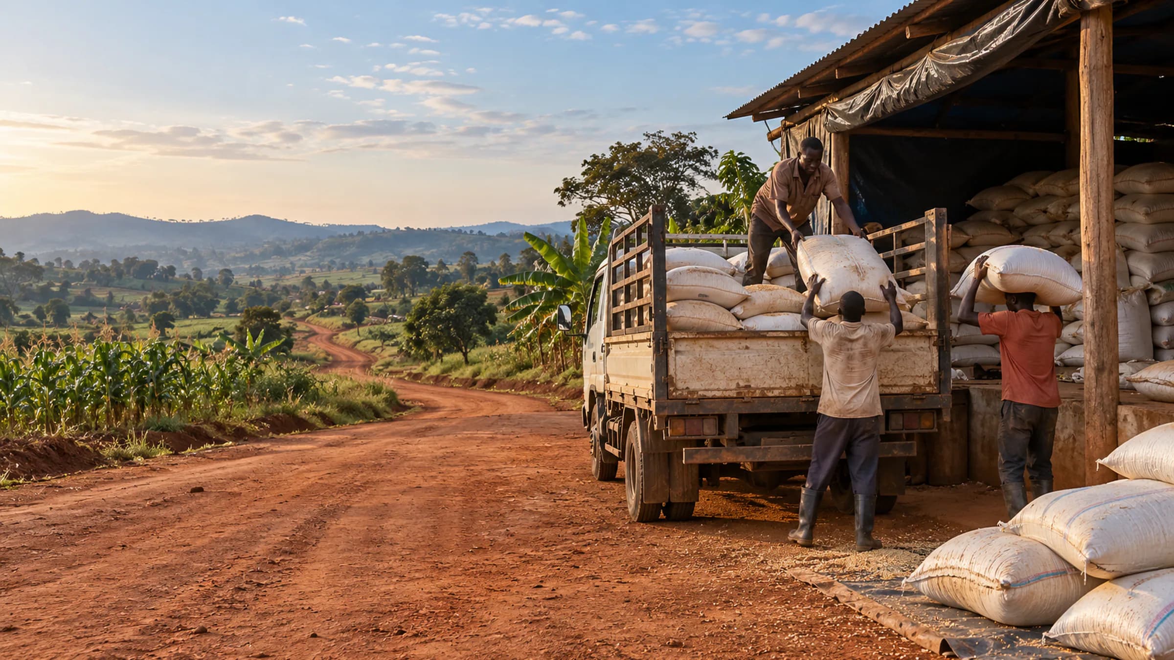 Illustrative Ugandan maize supplier and logistics context with practical loading, covered storage and a regional route.