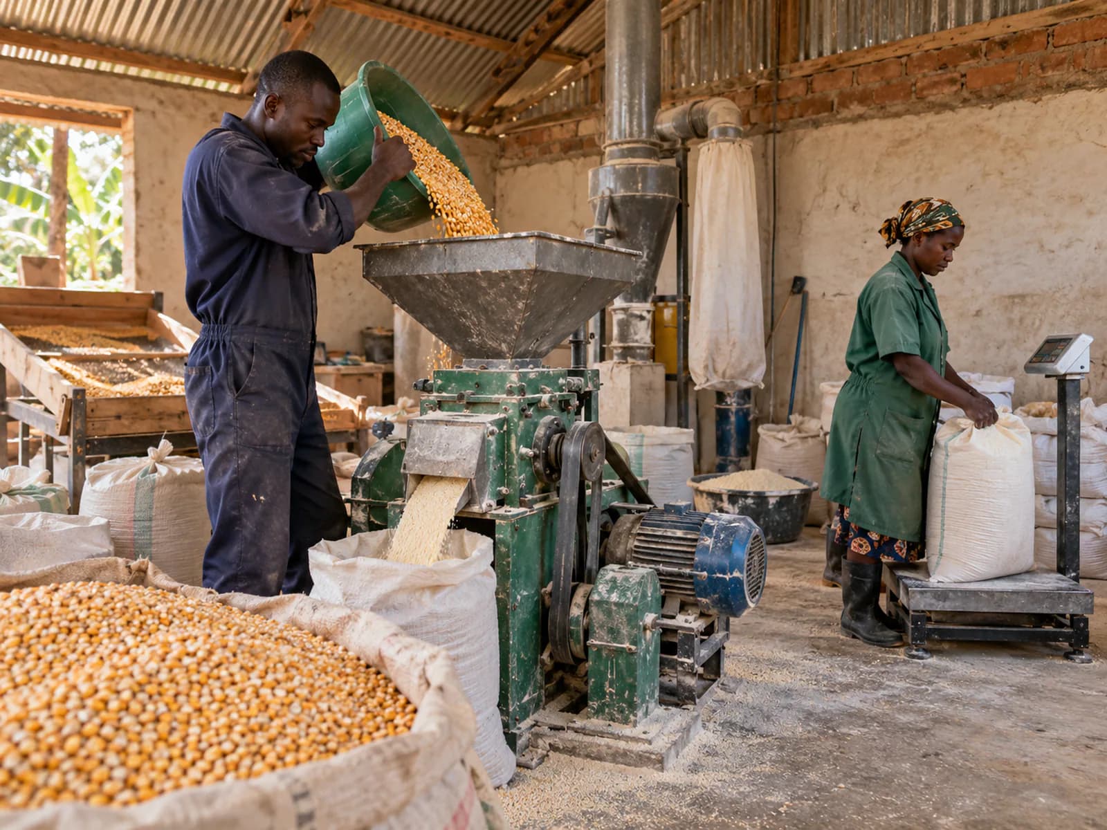 Illustrative human-food maize milling operation in Uganda with measured grain handling and clean practical equipment.
