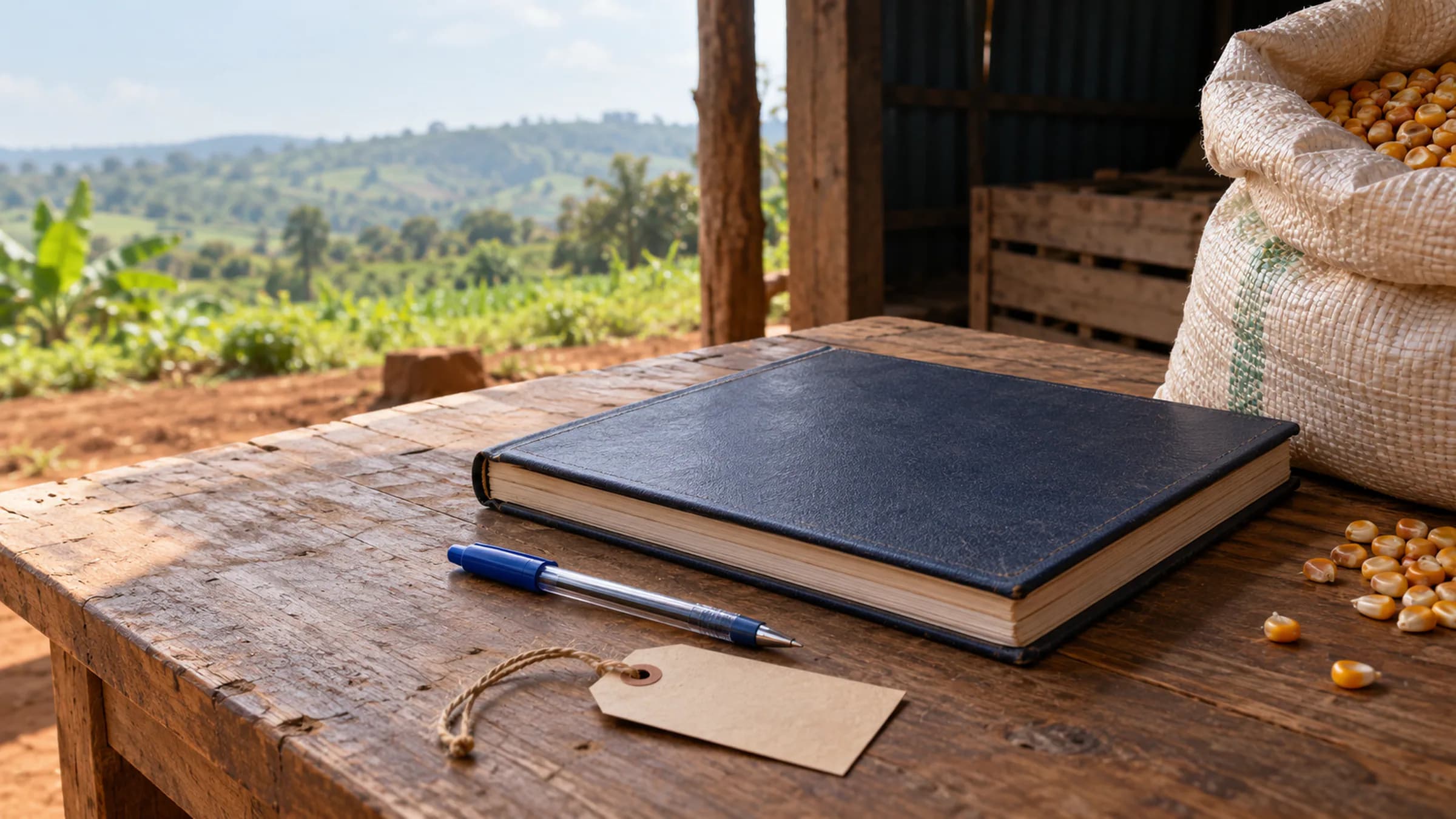 Illustrative quiet record keeping in a Ugandan agricultural setting with a closed ledger, pen and grain sack.