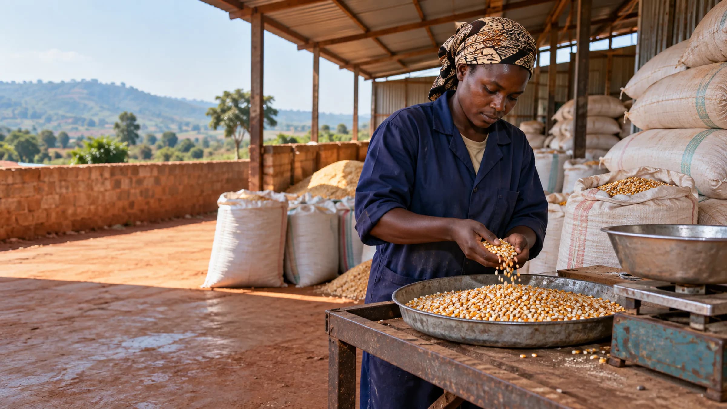 Illustrative Ugandan grain-quality inspection with maize sampling, weighing and practical lot evidence.