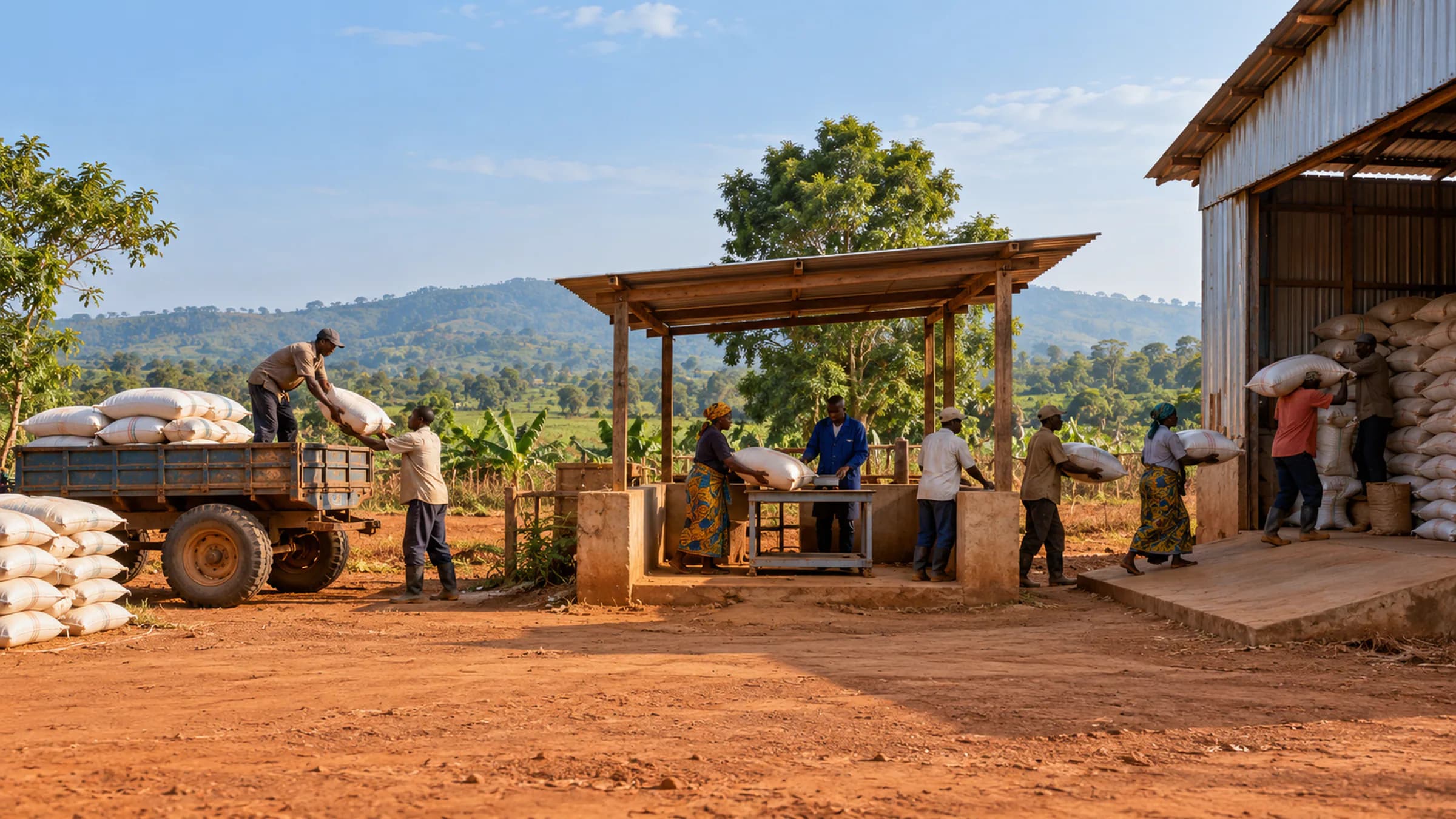 Illustrative Ugandan maize handling corridor linking receiving, covered storage and loading in one continuous practical setting.