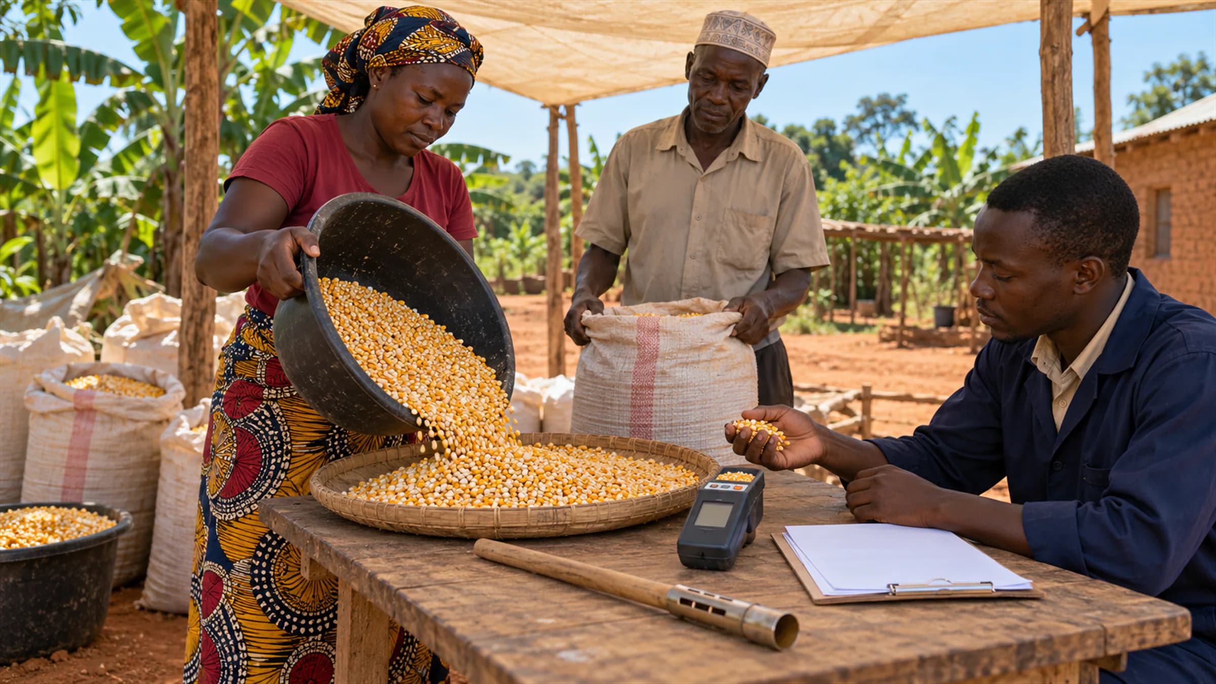 Illustrative smallholder grain intake in Uganda with delivered maize sacks, quality inspection and a recording table.