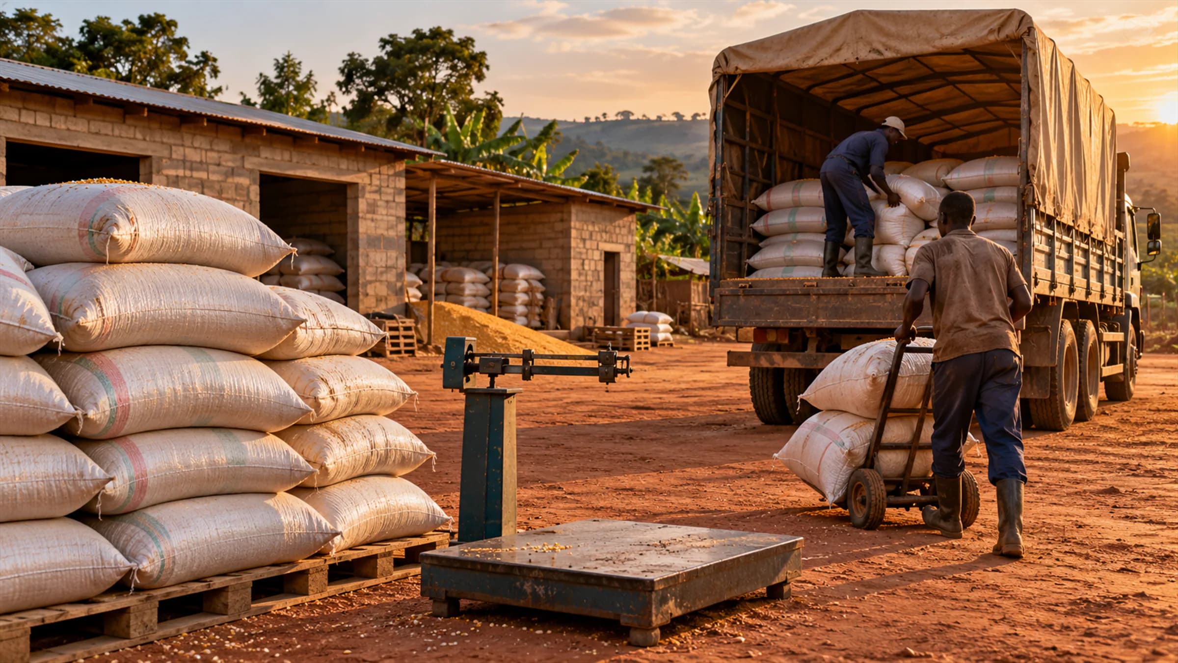 Illustrative grain aggregation yard in Uganda with stacked maize sacks, a weighing scale and a truck being loaded for offtake.