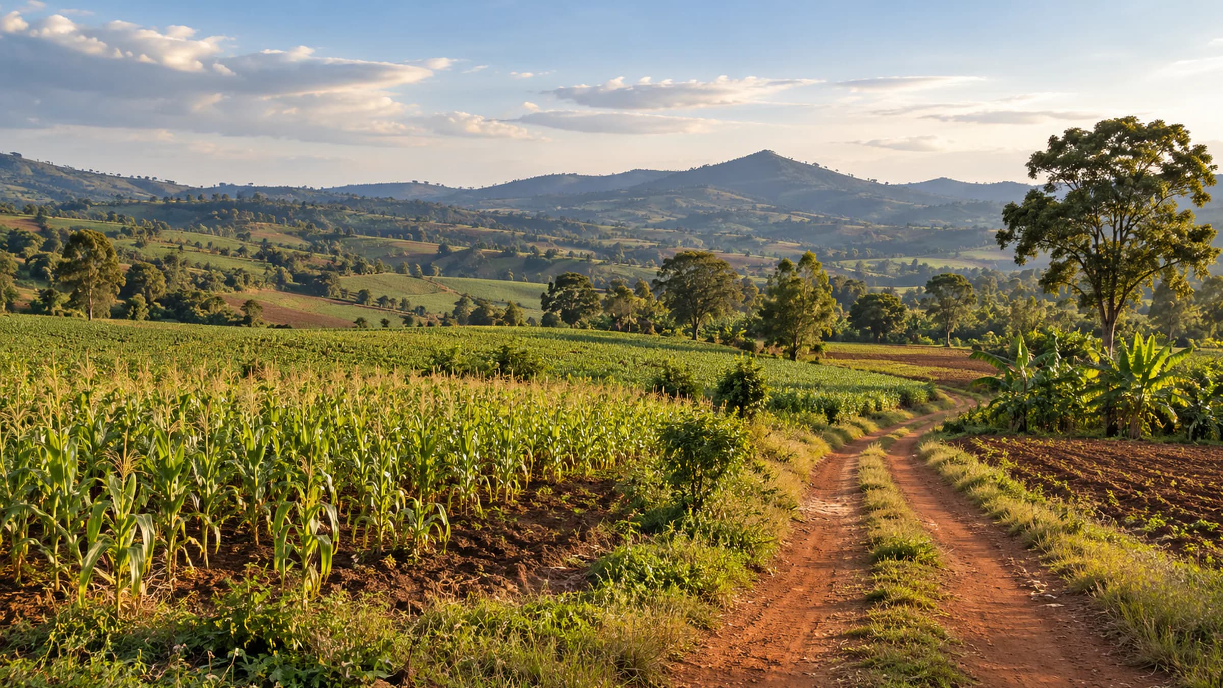 Illustrative open Ugandan farmland with a dirt track, scattered shade trees and distant low hills.