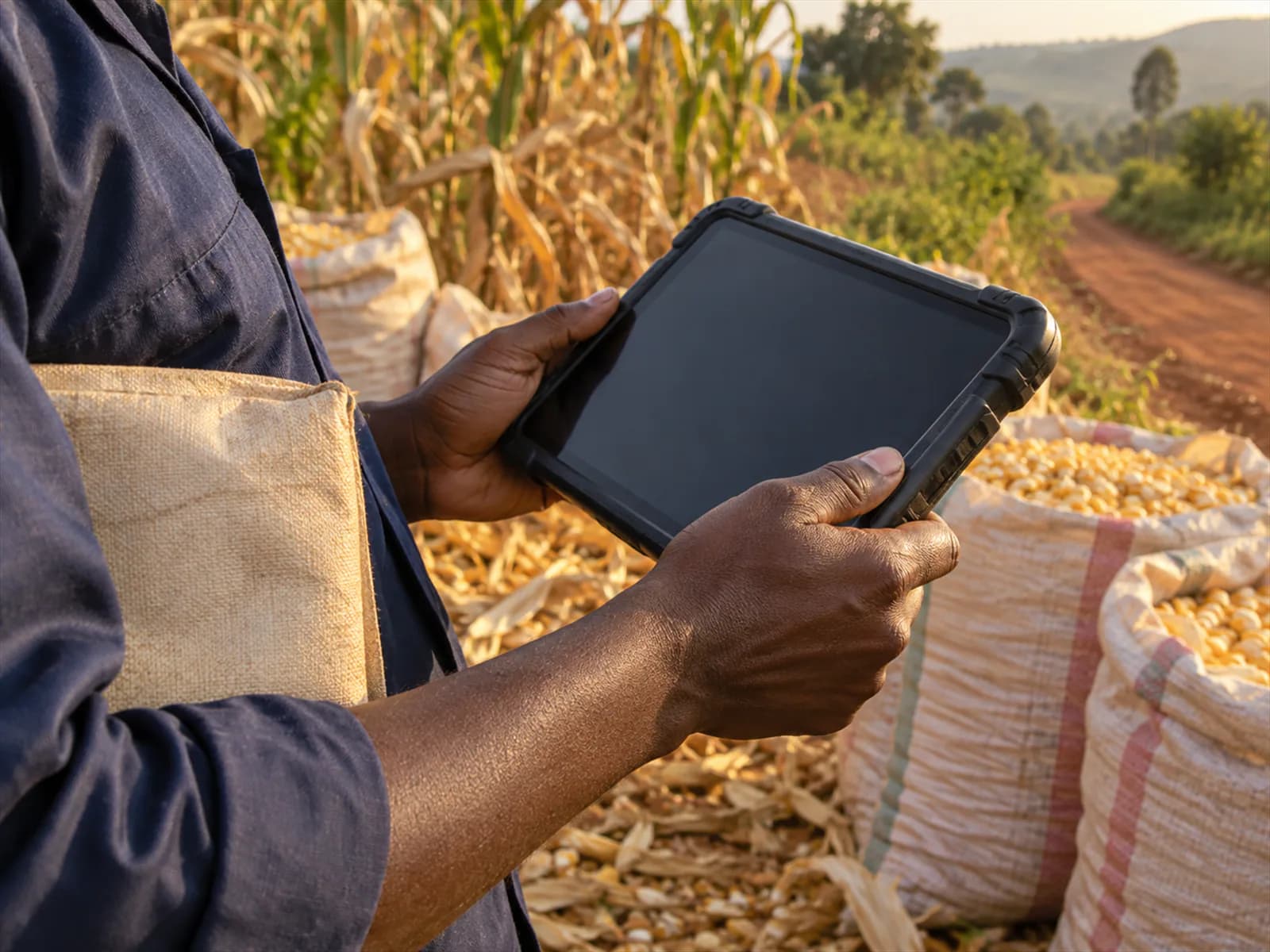 Illustrative field operator holding a rugged tablet beside stacked maize sacks in Uganda.