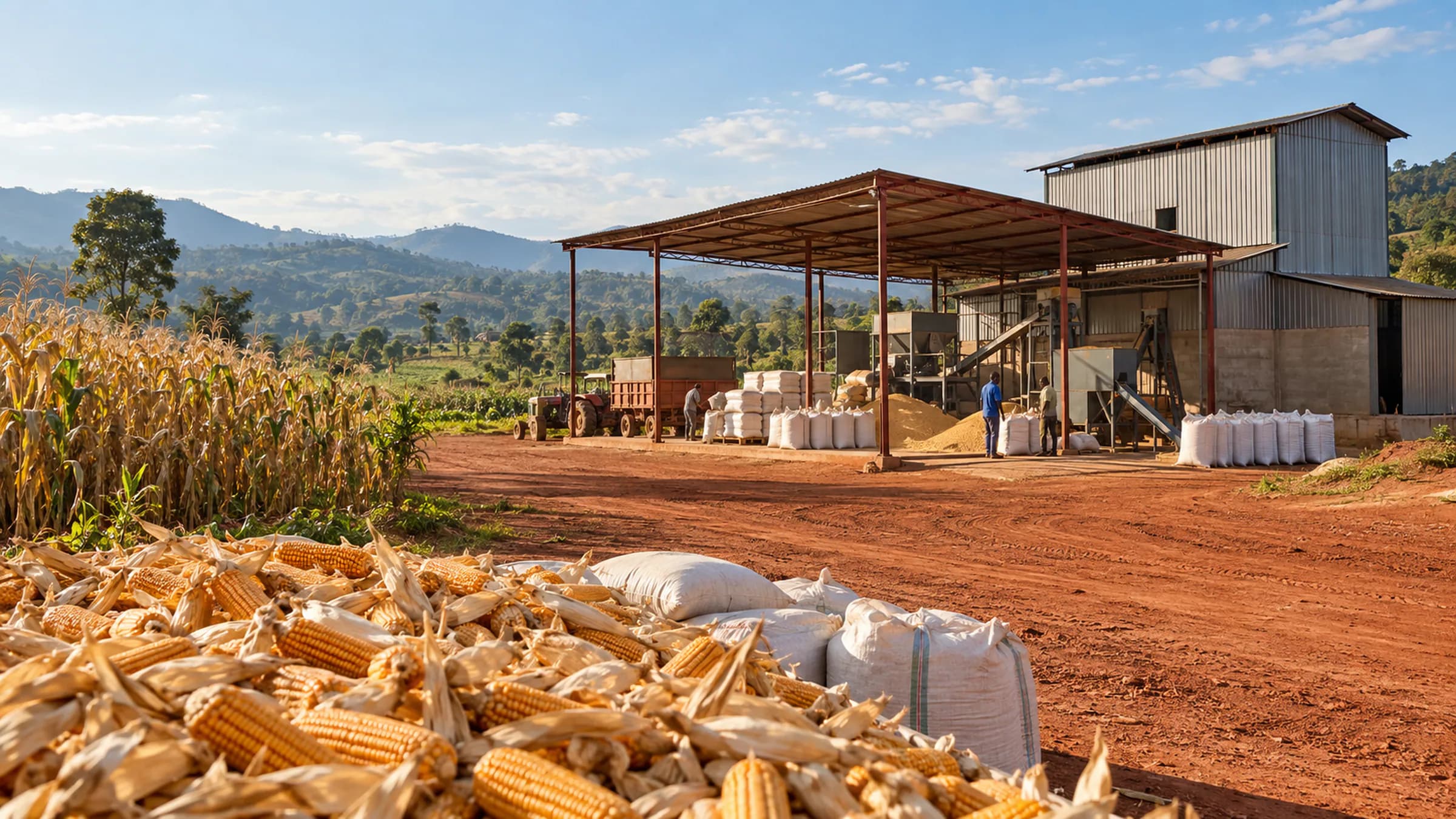 Illustrative Ugandan maize supply and processing context with a modest covered aggregation yard and surrounding agricultural landscape.