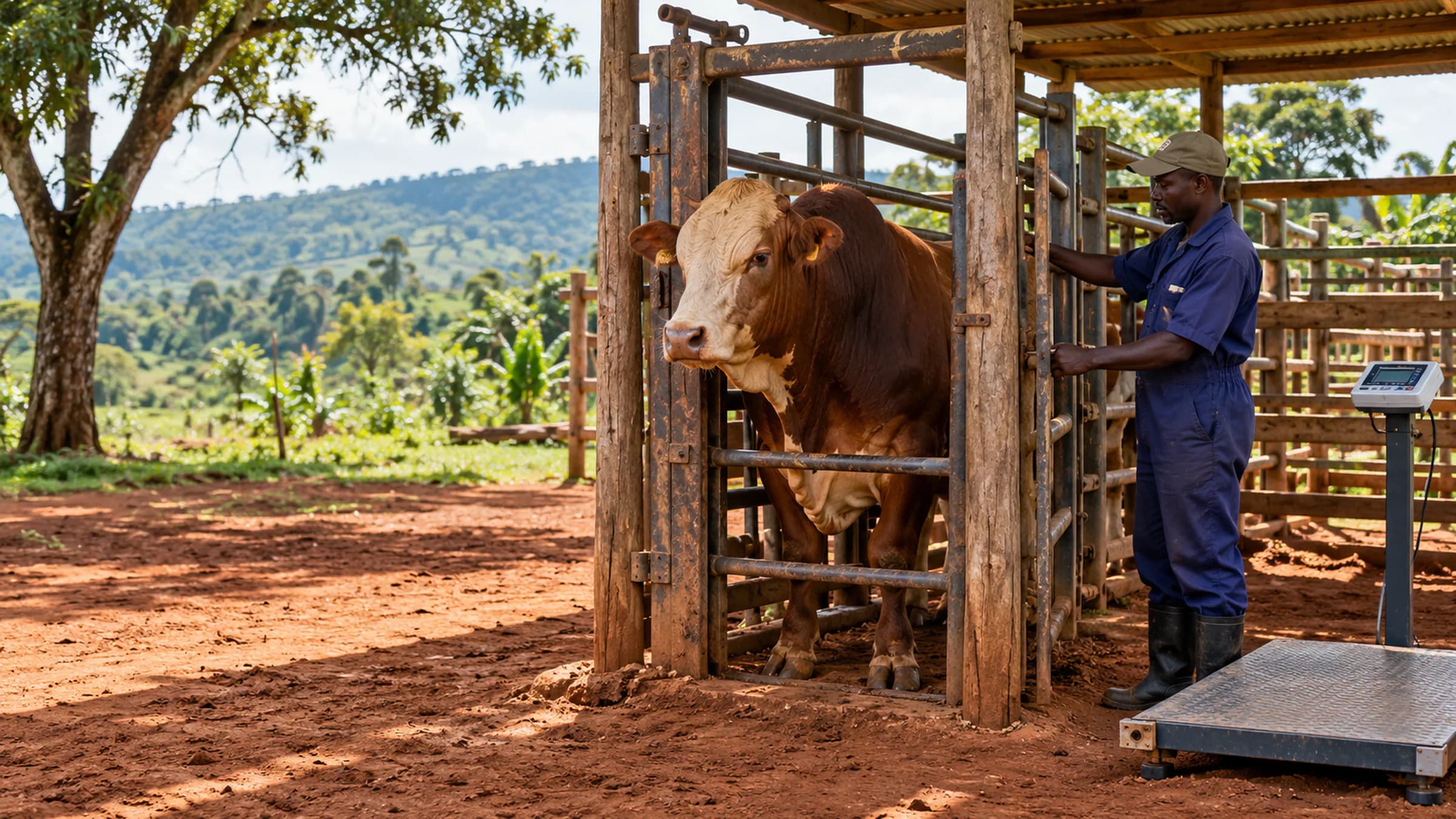 Illustrative small-scale Ugandan bull fattening with an individual animal in a simple crush, a handler and a portable weighing platform.