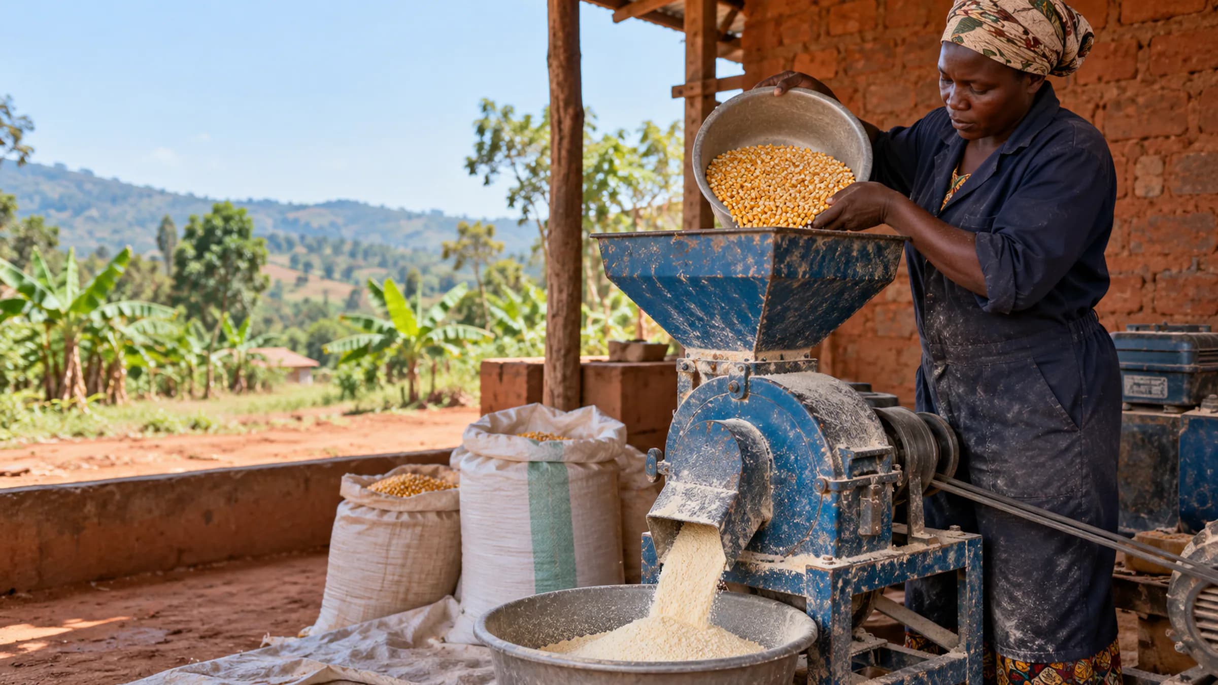 Illustrative Ugandan human-food maize milling with a local operator at a modest mill and cleanable practical equipment.
