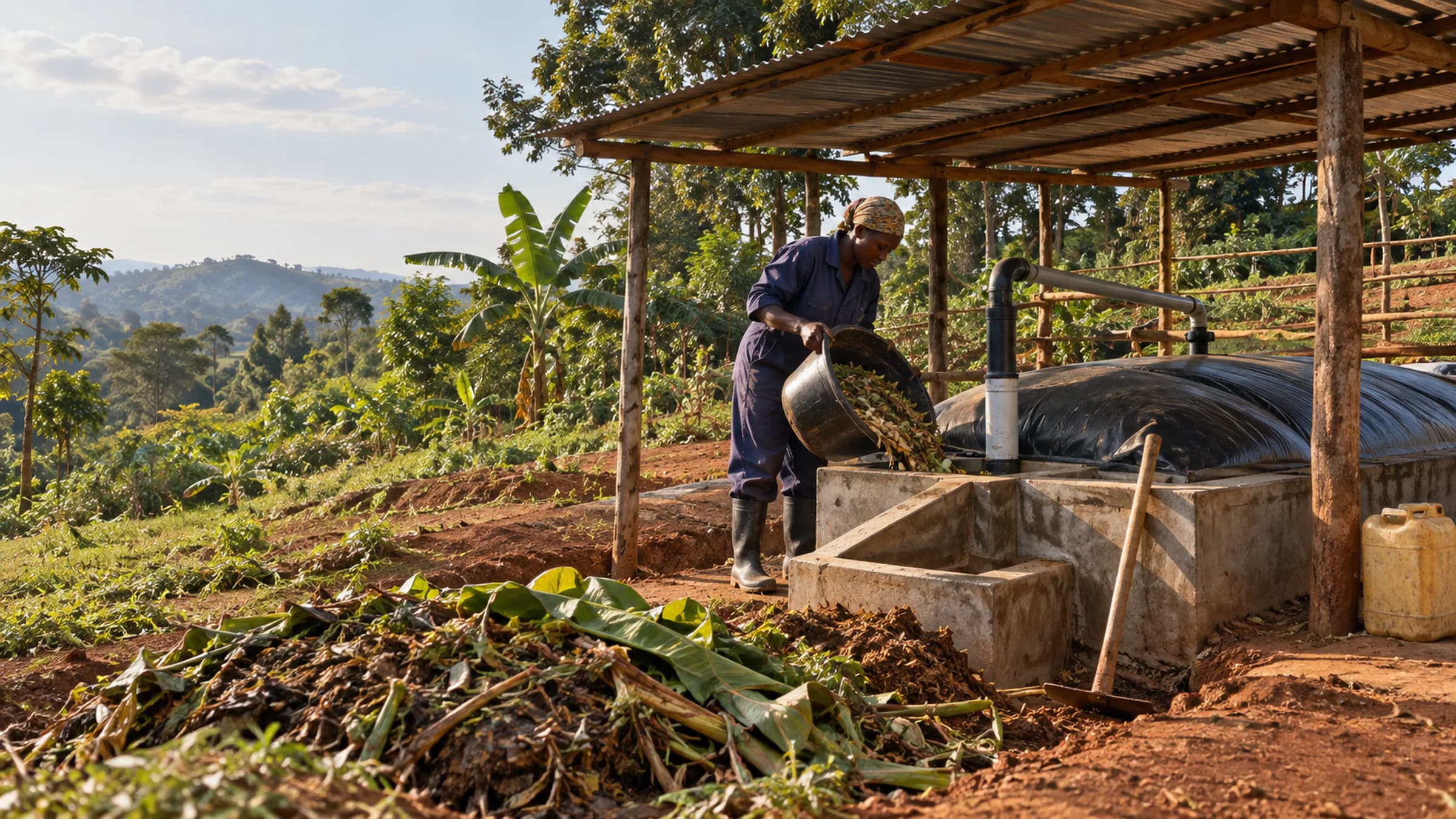 Illustrative measured resource-recovery setting with a modest experimental digester, compost material and practical farm infrastructure.