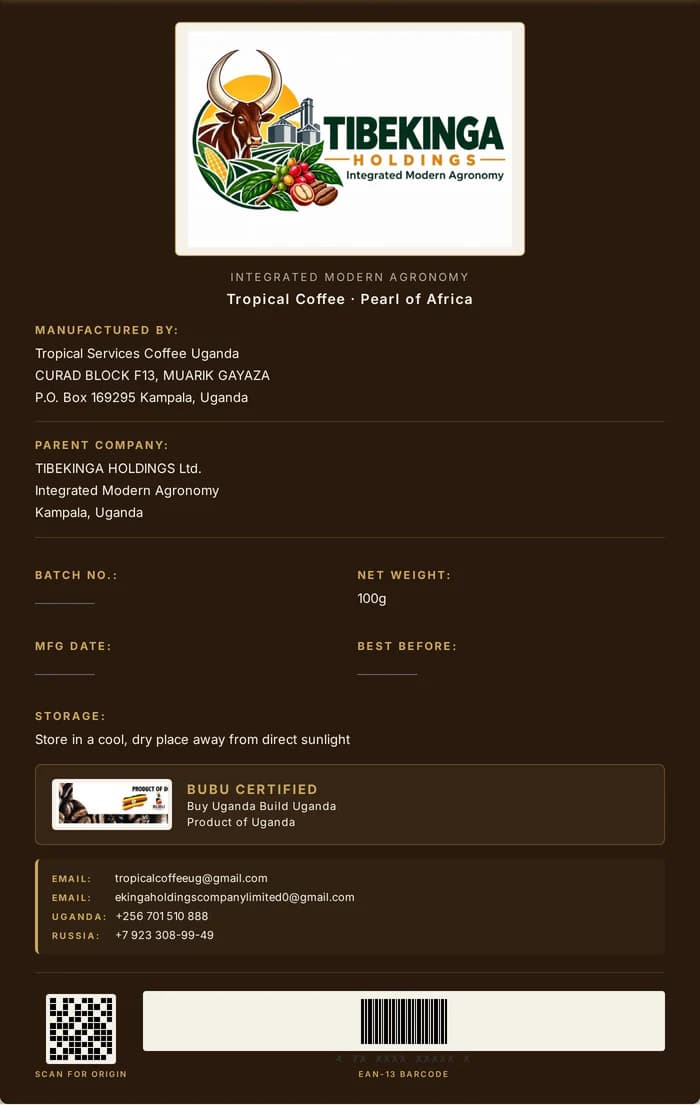 Tropical Coffee label back, manufactured by Tropical Services Coffee Uganda for Tibekinga Holdings Ltd.