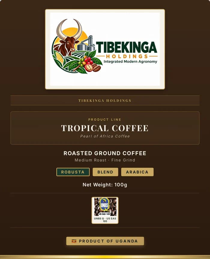 Tropical Coffee roasted ground Robusta label, 100 g, Tibekinga Holdings